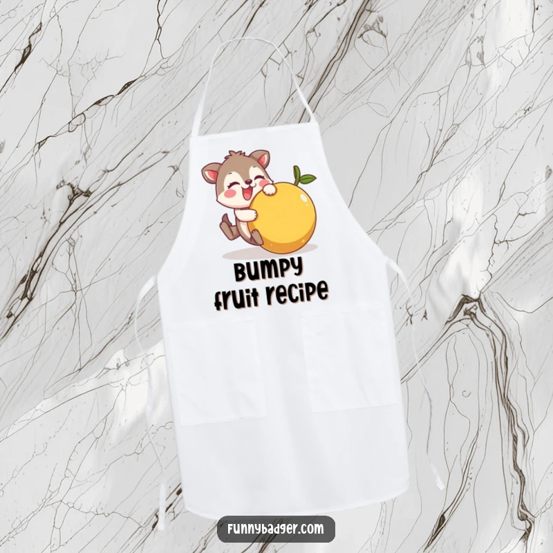 Funny Apron showcasing a cheerful animal character comically tumbling with a large, wobbly fruit, adding humor to kitchen tasks.