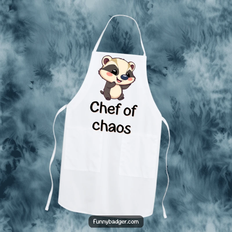 Funny apron showcasing a smiling badger balancing a comically large ball on its nose, ideal for kitchen protection and humor.