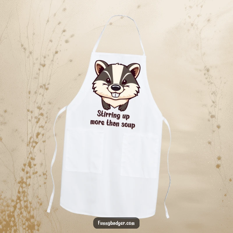 Funny Badger Apron featuring a stylized badger head with large ears and a mischievous grin, ready to handle kitchen chaos humorously.