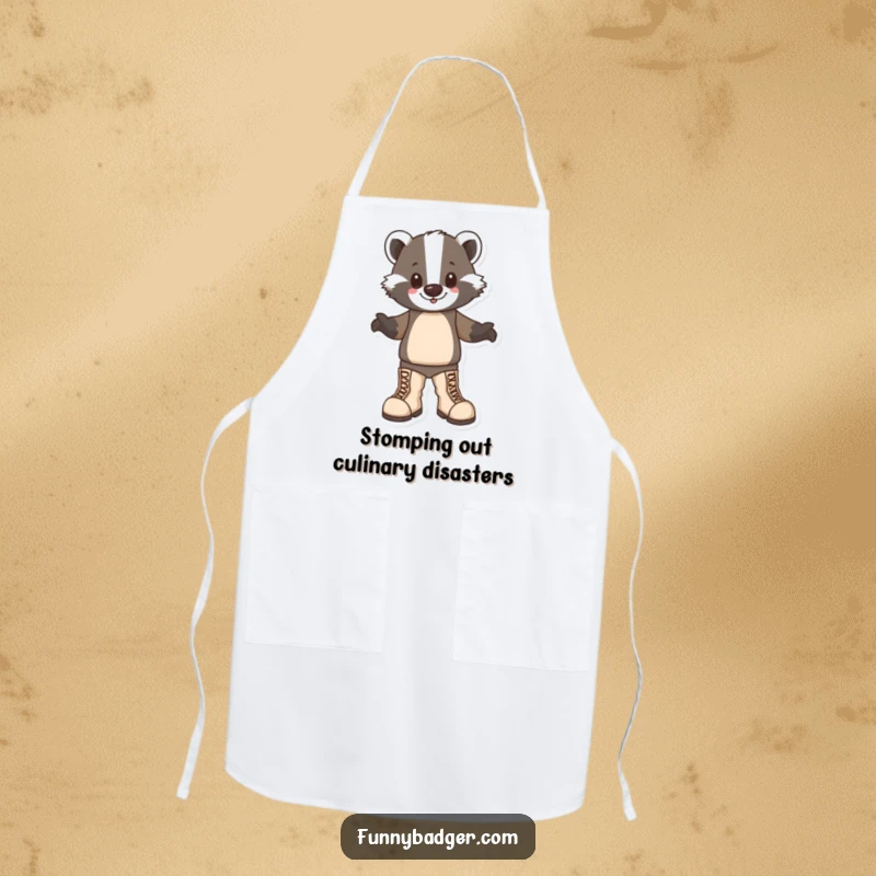 Funny Badger Apron featuring a happy badger character stomping in oversized boots, ready to bring joy to the kitchen.