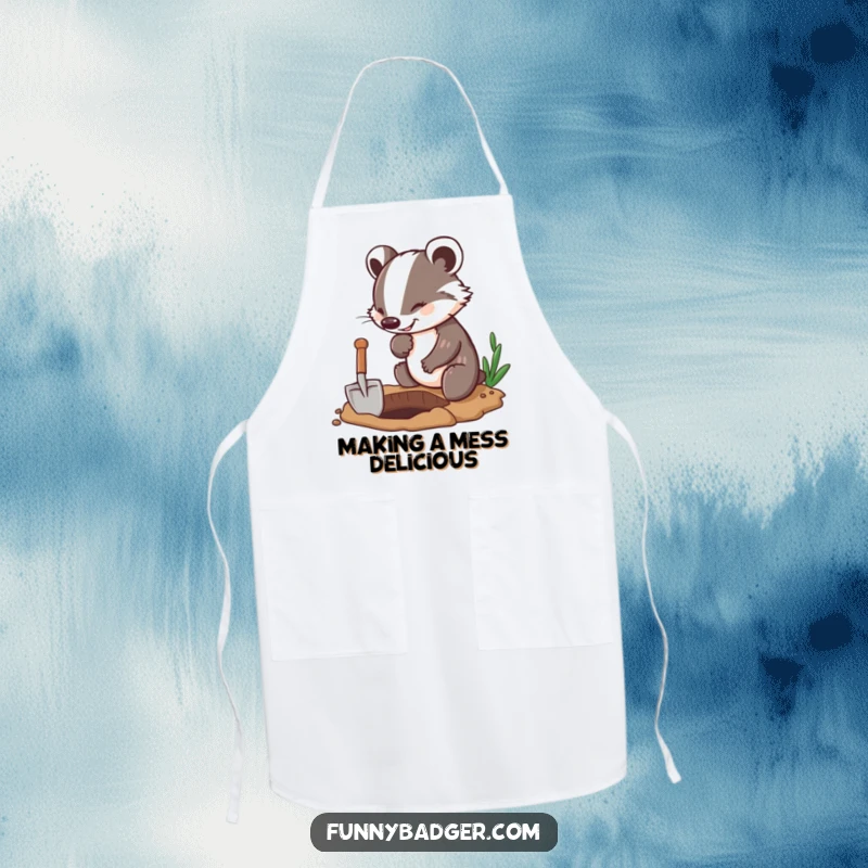 Funny Badger Apron featuring an enthusiastic badger character digging with a small shovel, ready to help in the kitchen with humor.