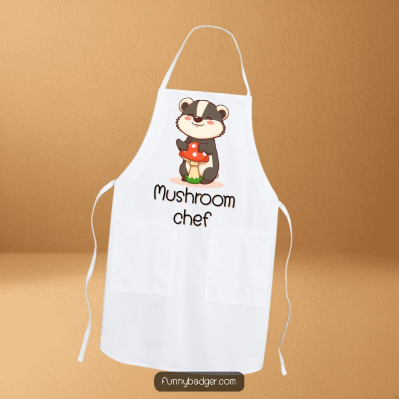 Funny apron showcasing a badger in a silly pose, trying to balance a mushroom, perfect for adding humor to cooking.