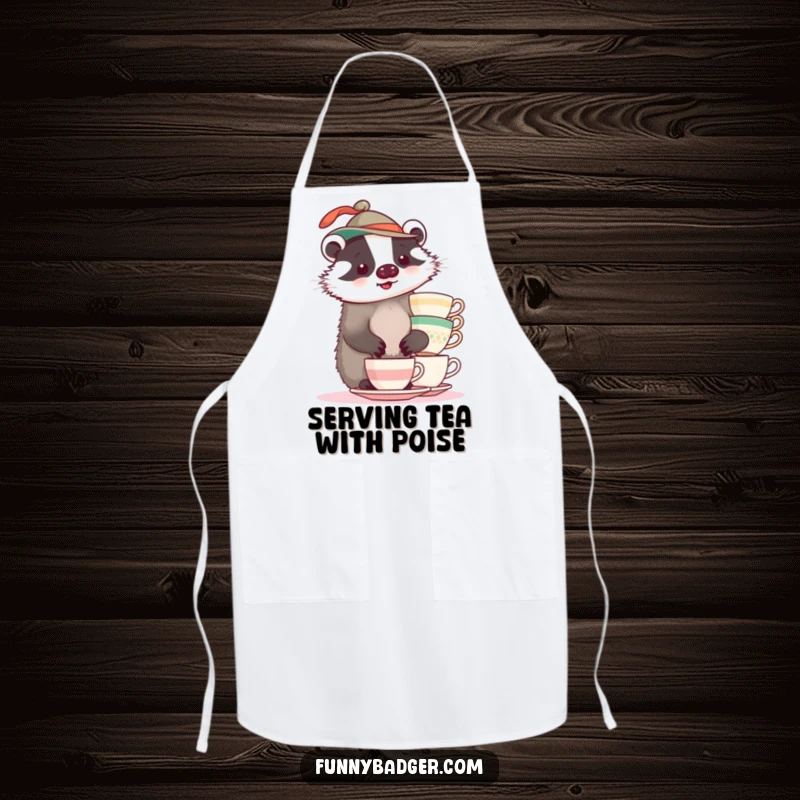 A plump badger in a funny hat attempting to balance teacups, featured on a humorous kitchen apron.