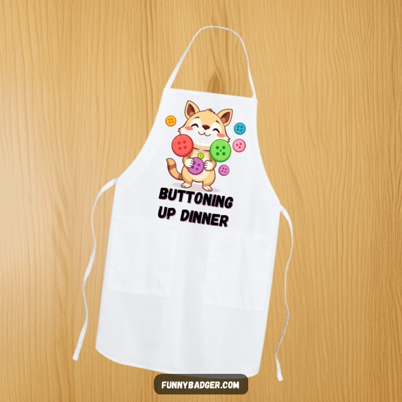Funny Apron showcasing a curious animal character juggling brightly colored, oversized buttons, adding humor to crafting tasks.