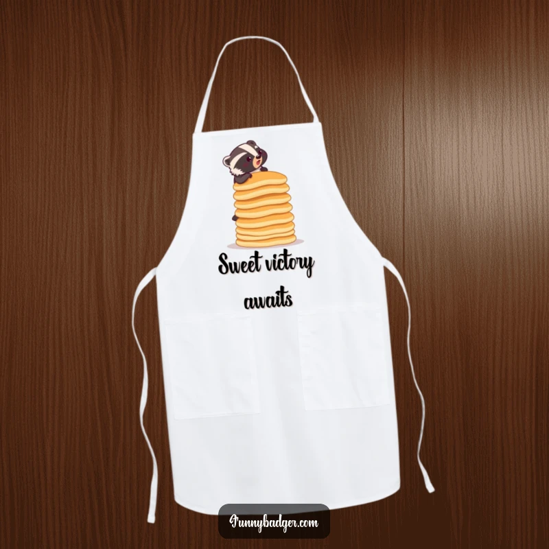 Funny apron showcasing a determined badger climbing a ridiculously tall stack of pancakes, ideal for kitchen protection and humor.