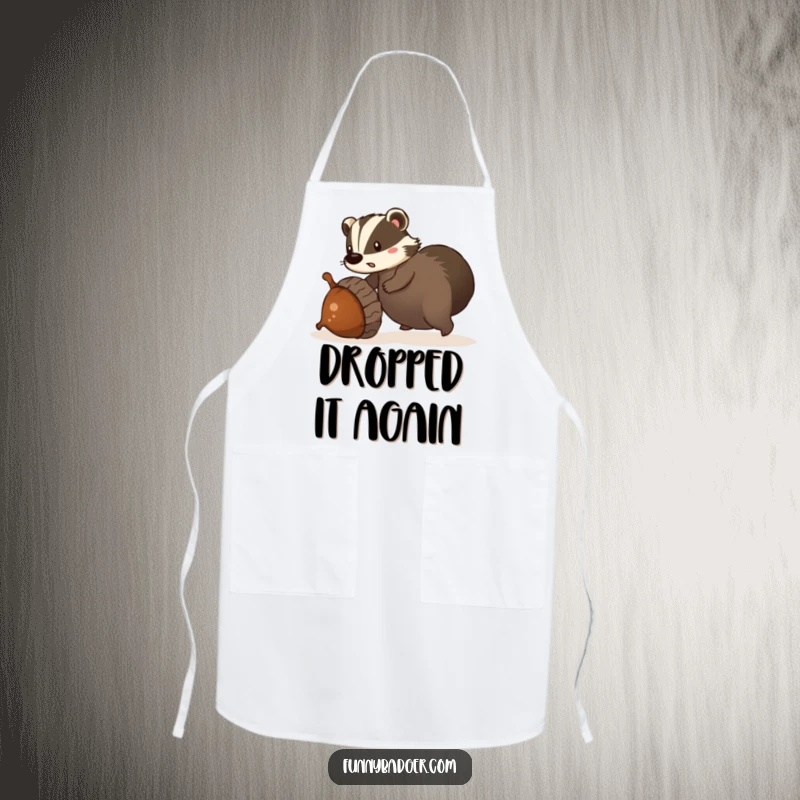 Funny apron showcasing a surprised badger tripping over a giant, rolling acorn, ideal for kitchen protection and humor.