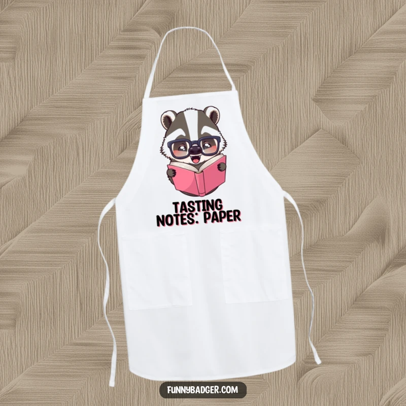 Funny apron showcasing a badger with glasses trying to read a book upside down, ideal for kitchen protection and humor.