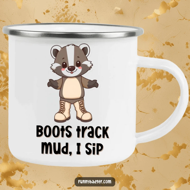 Funny Badger Camping Mug featuring a happy badger character stomping in oversized boots, perfect for outdoor, humorous drinks.