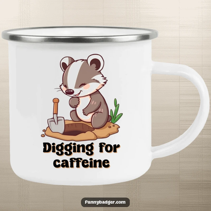 Funny Badger Camping Mug featuring an enthusiastic badger character digging with a small shovel, perfect for outdoor, humorous drinks.