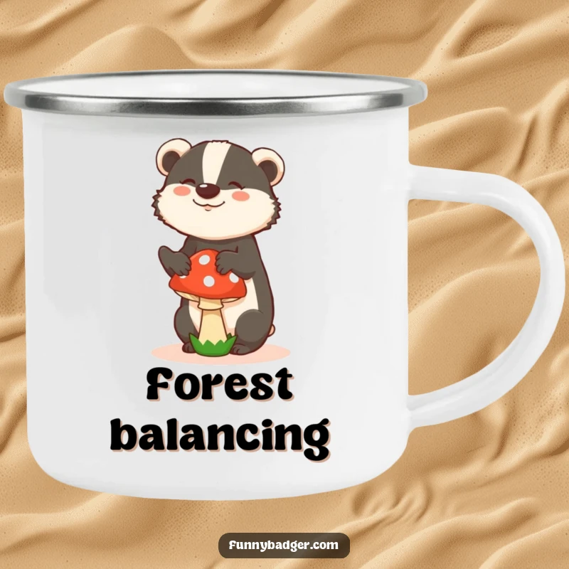 Funny camping mug featuring a badger in a silly pose, trying to balance a mushroom, for humorous outdoor enjoyment.