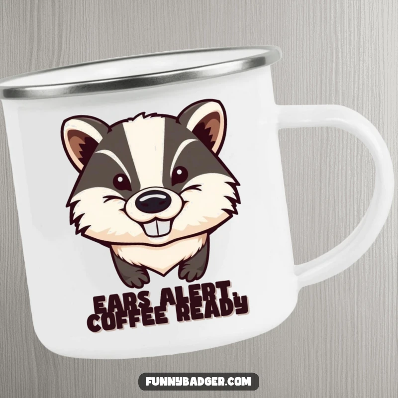 Funny Badger Camping Mug with a stylized badger head featuring big ears and a mischievous grin, perfect for outdoor, humorous drinks.