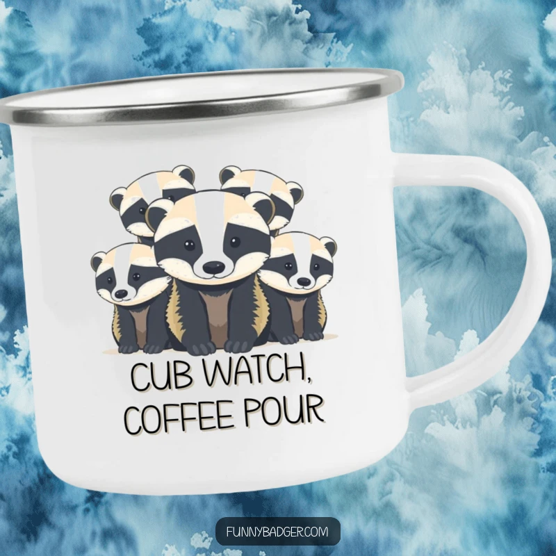 Funny Badger Cubs Camping Mug featuring abstract, rounded shapes of cute badger cubs peeking, perfect for outdoor, humorous drinks.