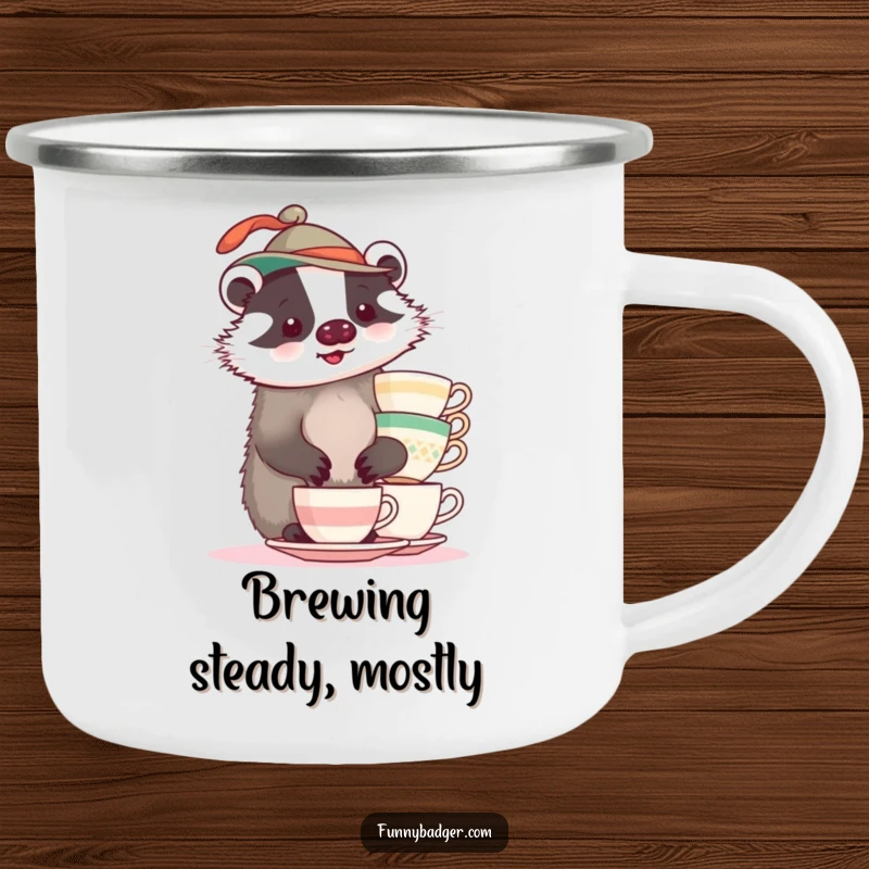 A plump badger in a funny hat balancing teacups on a durable, humorous camping mug.