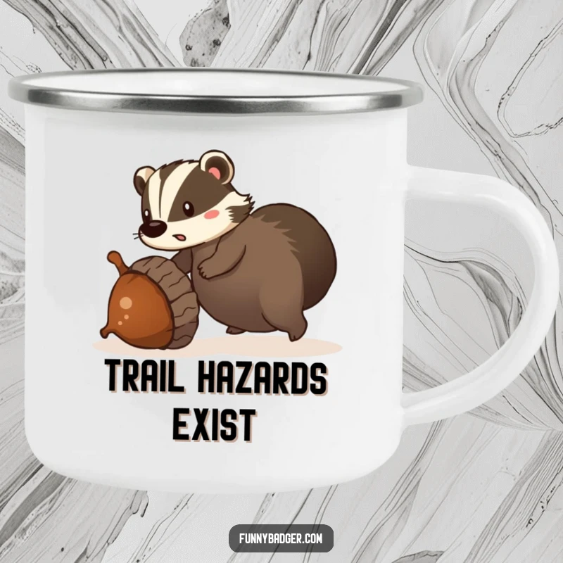 Funny camping mug depicting a surprised badger tripping over a giant, rolling acorn, suitable for outdoor adventures.