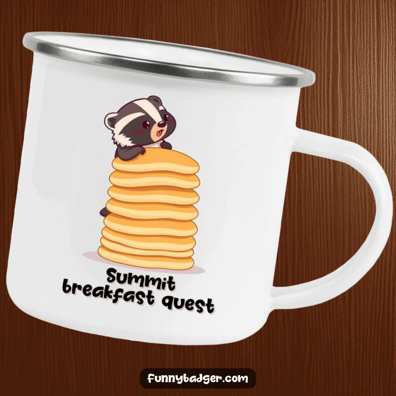 Funny camping mug depicting a determined badger climbing a ridiculously tall stack of pancakes, suitable for outdoor breakfast adventures.