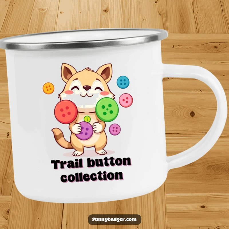Funny Camping Mug of a curious animal character juggling brightly colored, oversized buttons, ideal for humorous outdoor drinks.