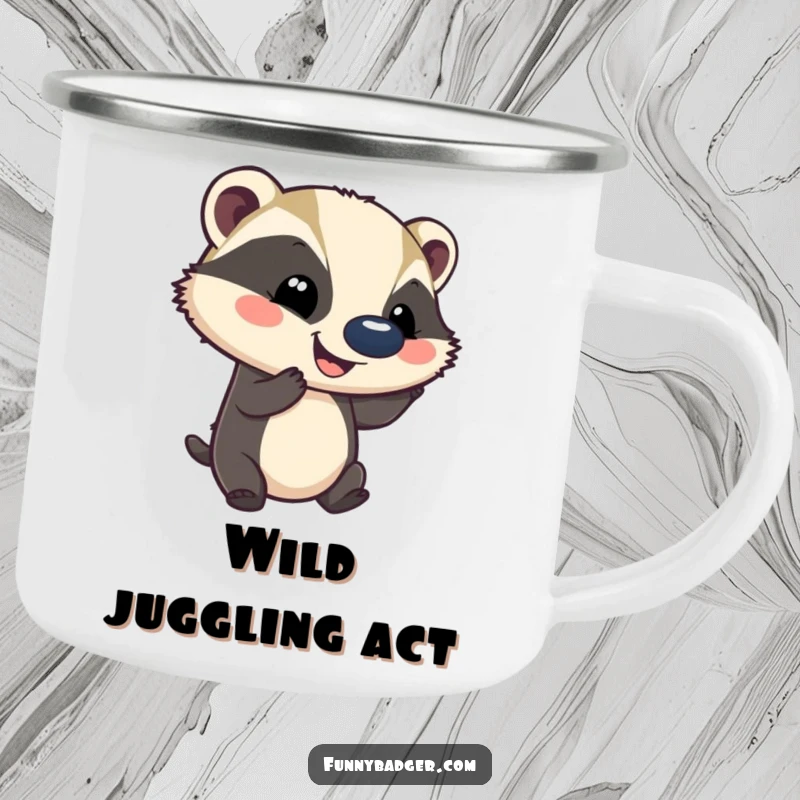 Funny camping mug depicting a smiling badger balancing a comically large ball on its nose, suitable for outdoor adventures.