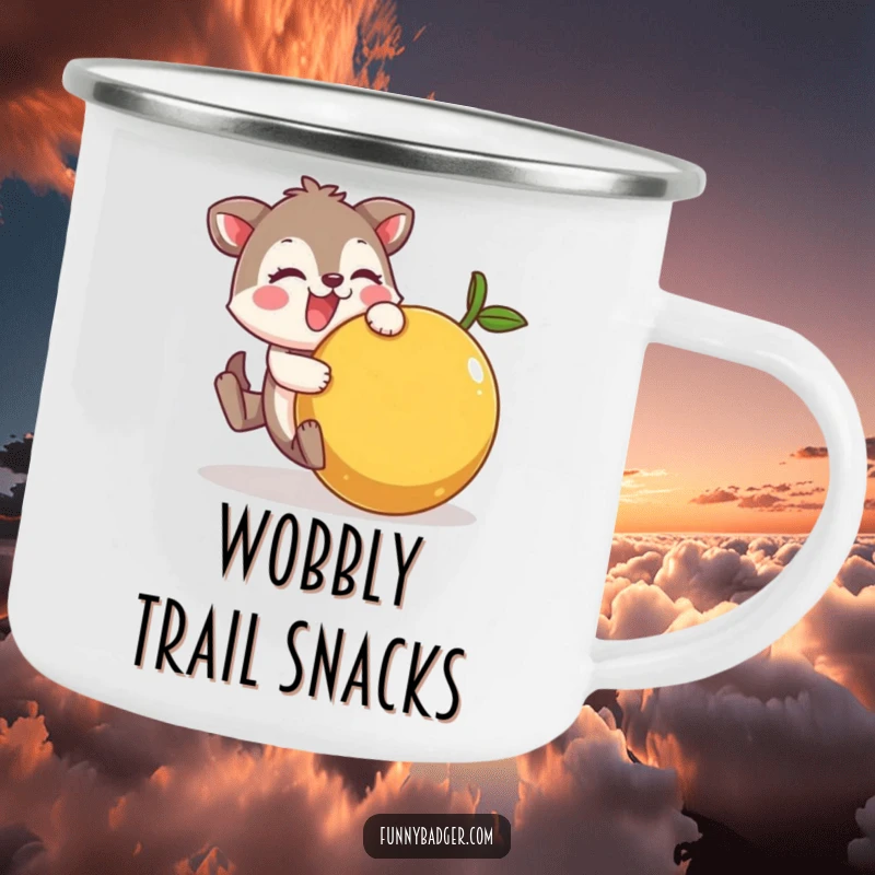 Funny Camping Mug of a cheerful animal character comically tumbling with a large, wobbly fruit, ideal for humorous outdoor drinks.