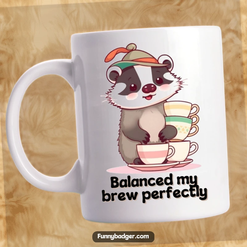 A plump badger in a funny hat hilariously attempting to balance a tall stack of teacups on a mug.