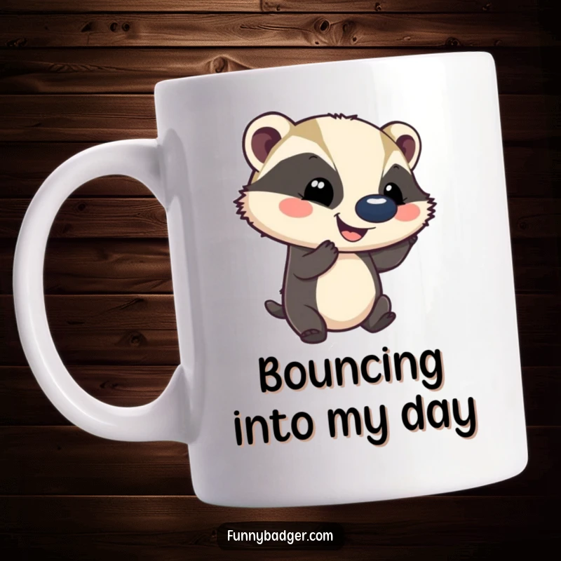 Funny mug featuring a smiling badger skillfully balancing a comically large ball on its nose with a cheerful expression.