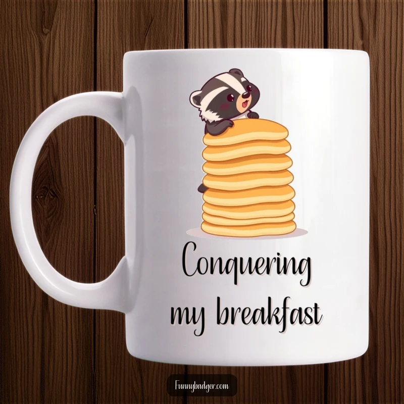 Funny mug featuring a determined badger attempting to climb a ridiculously tall stack of pancakes, looking focused yet comical.