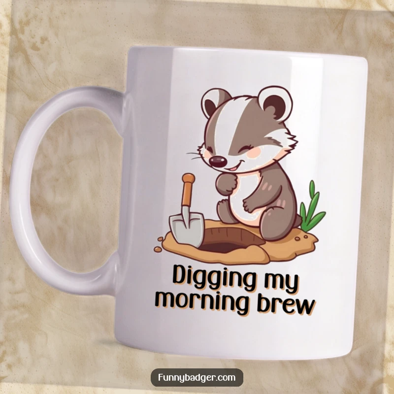Funny Badger Mug showing a determined badger character joyfully digging a hole with a comically small shovel, full of zest.