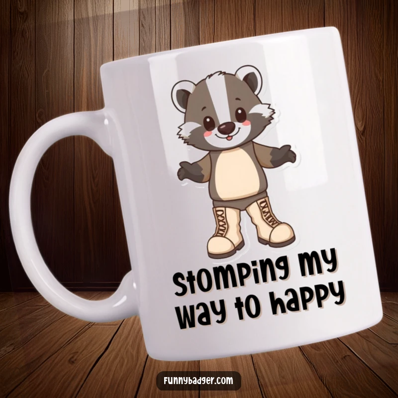Funny Badger Mug featuring a badger character joyfully stomping around in comically oversized boots, radiating happiness.