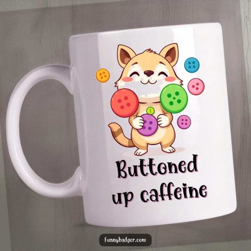 Funny Mug showing a curious animal character juggling several brightly colored, oversized buttons with focus and fun.