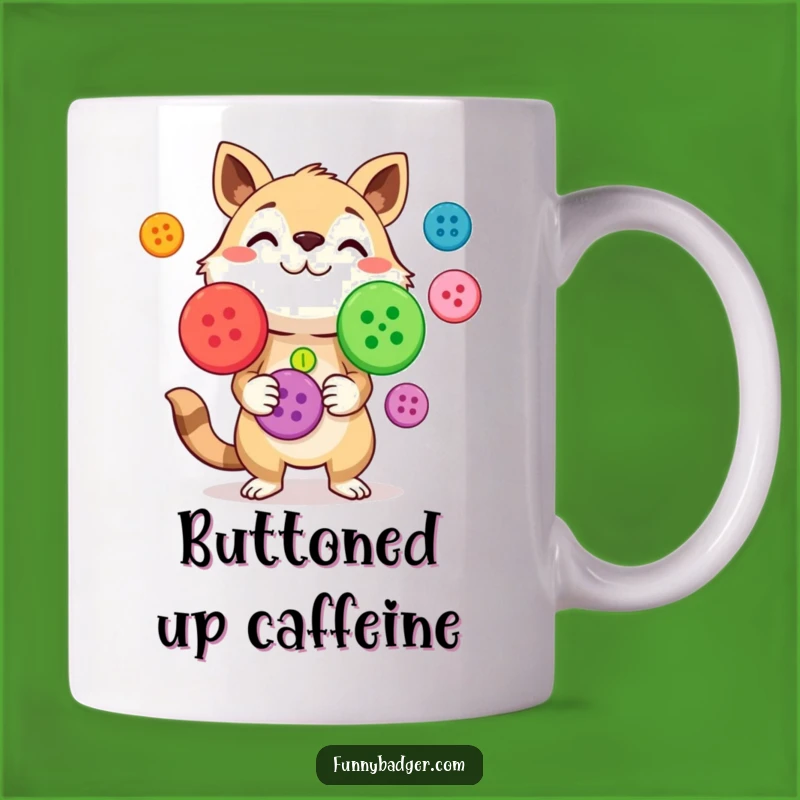 Funny Button Juggling Mug: Curious Animal's Colorful Dexterity Gift