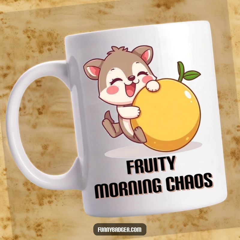 Funny Mug showing a cheerful animal character comically tumbling with a large, wobbly fruit, capturing a moment of playful chaos.