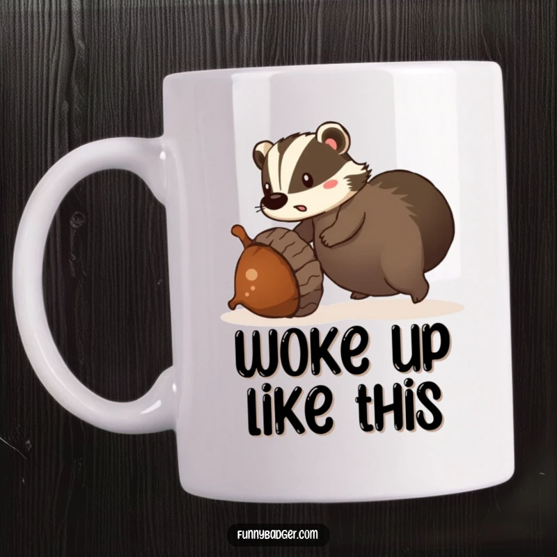 Funny mug featuring a surprised badger tripping over a giant, rolling acorn, looking comically startled and flustered.