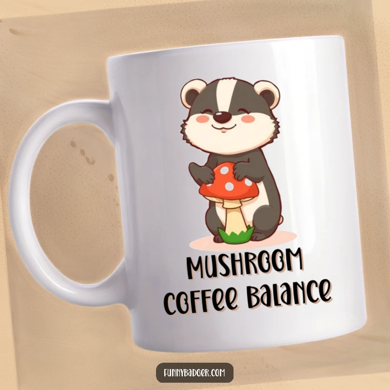 Funny mug featuring a badger in a silly pose, comically trying to balance a mushroom on its head, showcasing playful chaos.