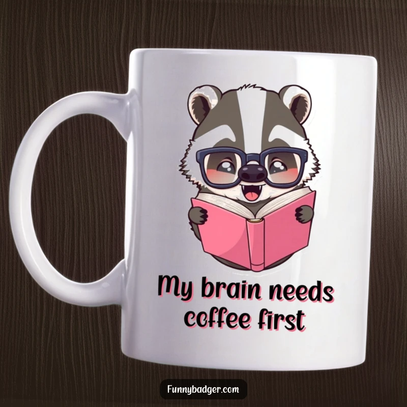 Funny mug featuring a jovial badger wearing oversized glasses, struggling hilariously to read a book upside down.