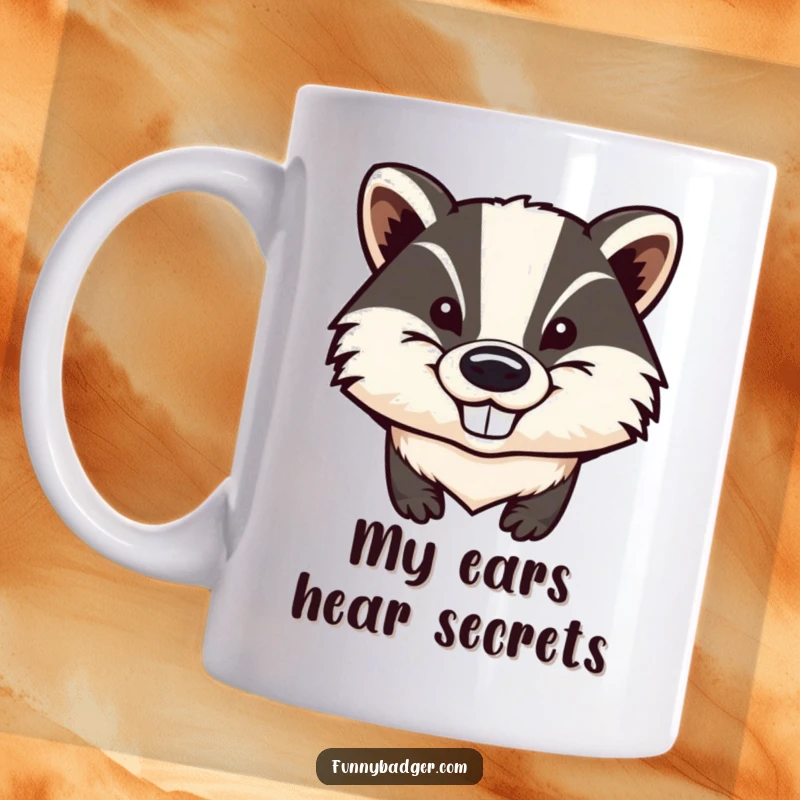 Funny Badger Head Mug featuring a stylized badger with a mischievous grin and comically large ears, ready for a good laugh.