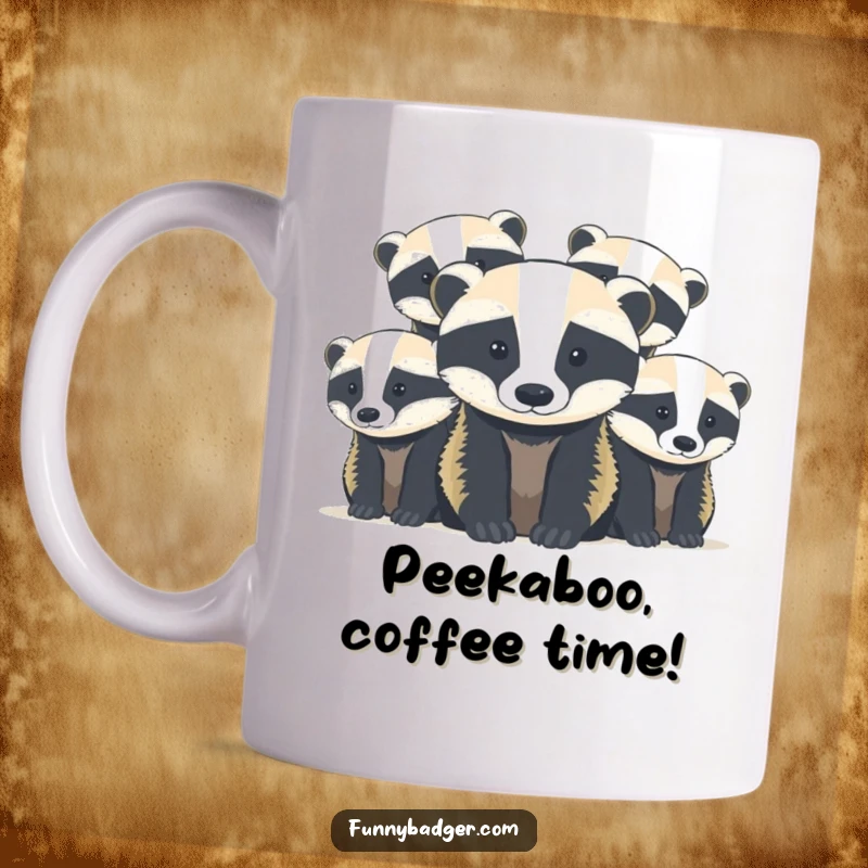 Funny Badger Cubs Mug featuring abstract, rounded shapes of cute badger cubs playfully peeking out, creating a heartwarming scene.