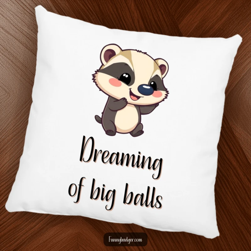 Funny pillow adorned with a smiling badger balancing a comically large ball on its nose, soft and cuddly for ultimate comfort.
