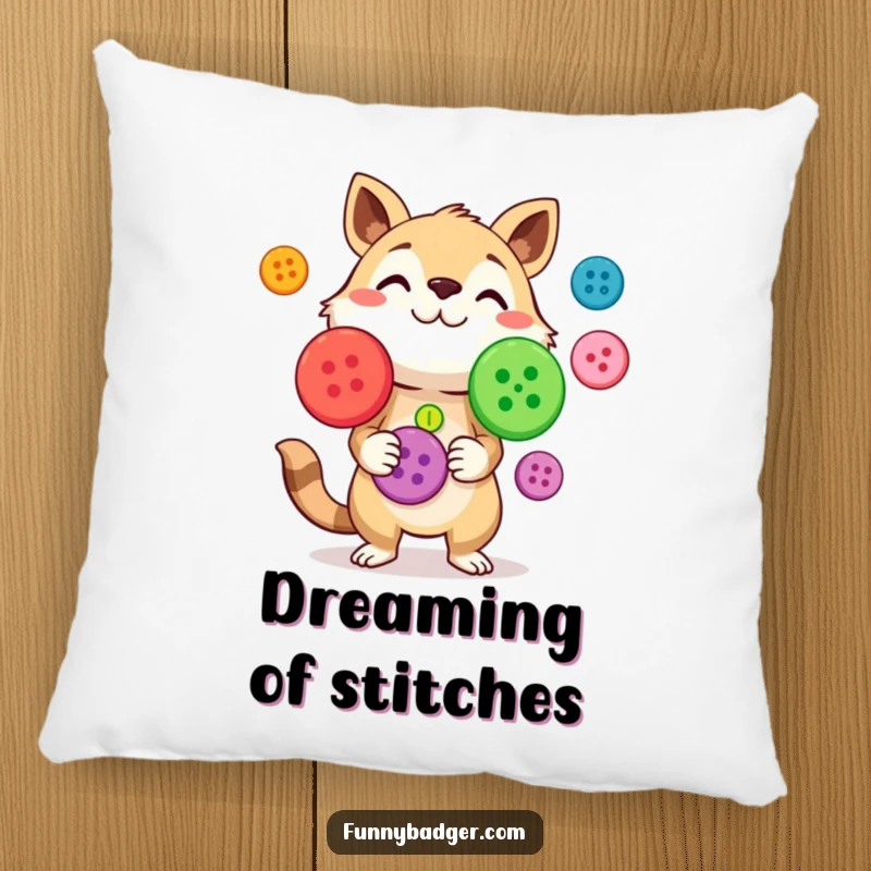 Funny Pillow of a curious animal character juggling brightly colored, oversized buttons, offering comfort and colorful decor.