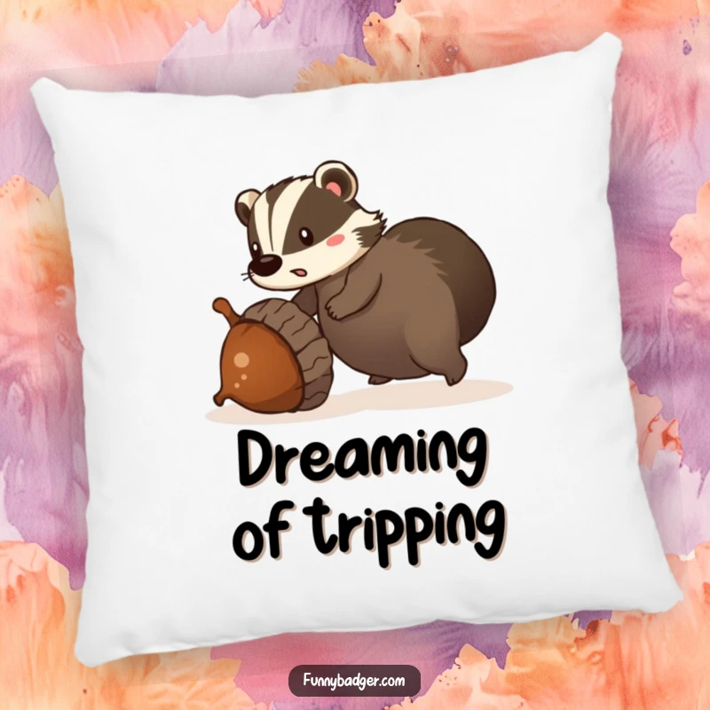 Funny pillow adorned with a surprised badger tripping over a giant, rolling acorn, soft and cuddly for ultimate comfort.