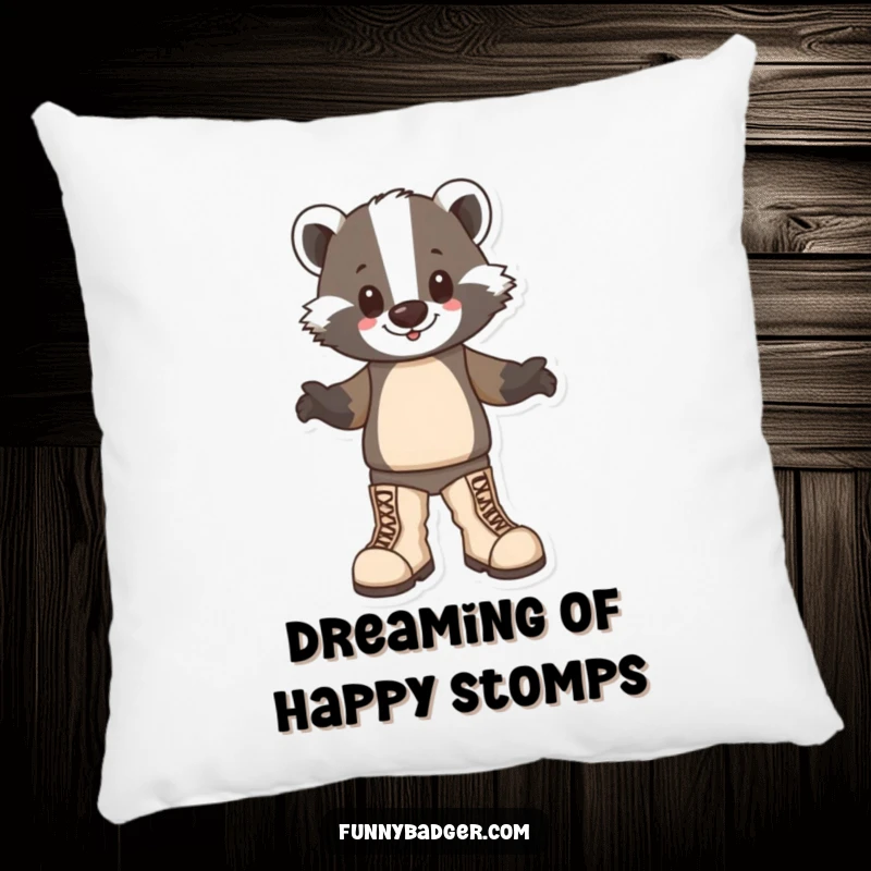 Funny Badger Pillow decorated with a happy badger character stomping in oversized boots, for humorous comfort and cheer.