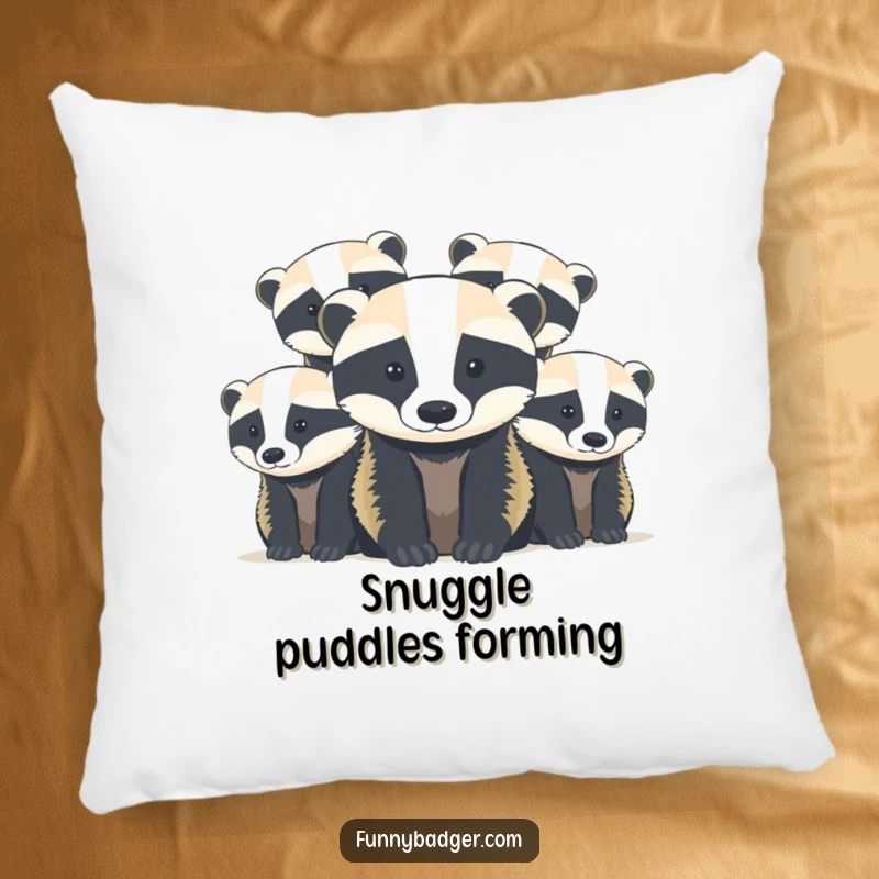 Funny Badger Cubs Pillow decorated with abstract, rounded shapes of cute badger cubs peeking, for humorous comfort and charm.