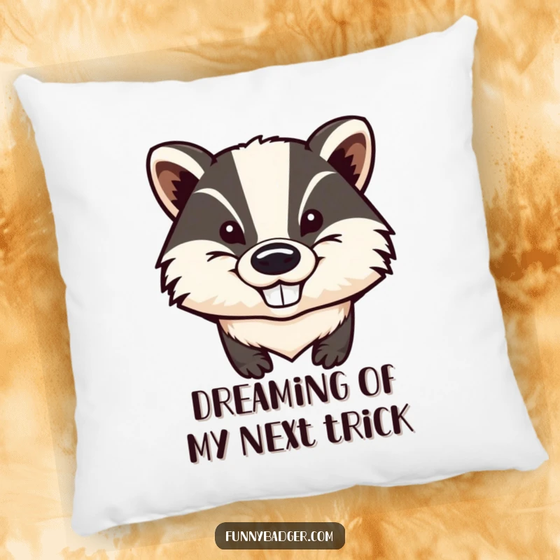 Funny Badger Pillow decorated with a stylized badger head, featuring a mischievous grin and oversized big ears, for humorous comfort.