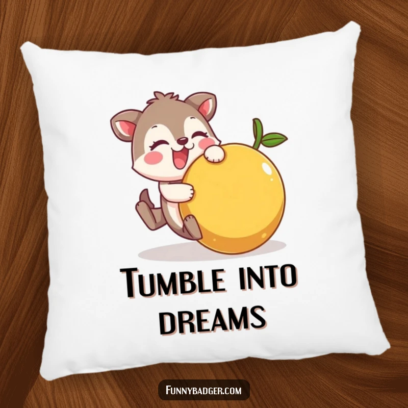 Funny Pillow of a cheerful animal character comically tumbling with a large, wobbly fruit, offering comfort and humorous decor.