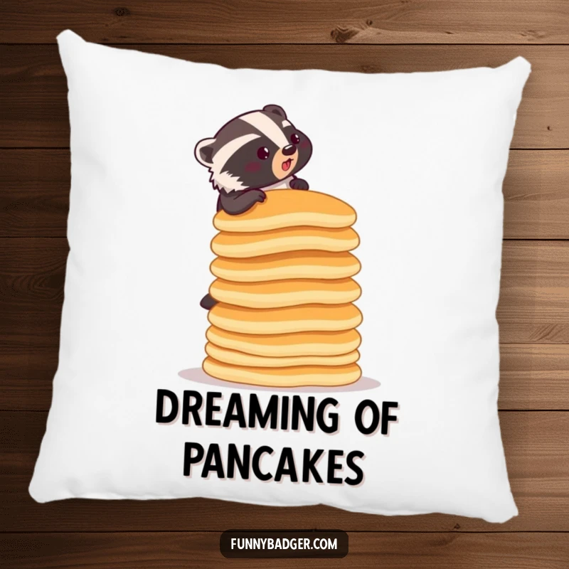 Funny pillow adorned with a determined badger climbing a ridiculously tall stack of pancakes, soft and cuddly for ultimate comfort.