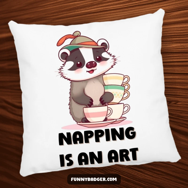 A plump badger wearing a funny hat, balancing teacups, creating a humorous and cozy accent pillow.
