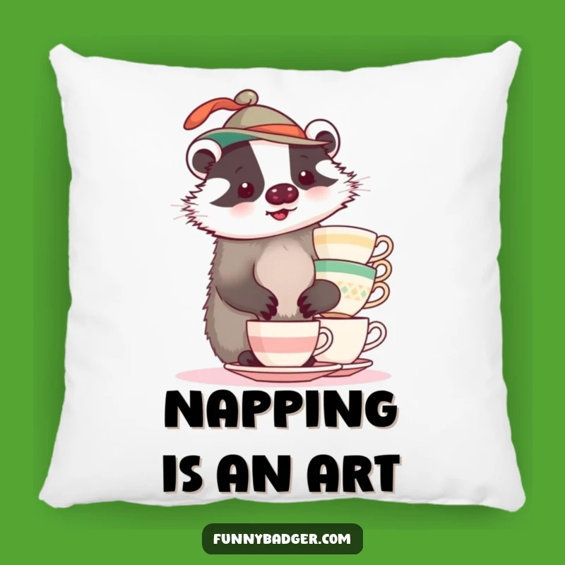 Funny Badger Teacup Pillow: Cozy Wobbly Accent Gift
