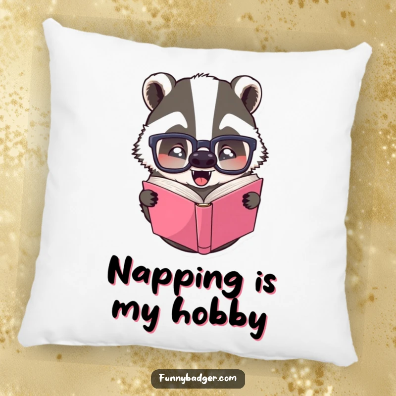 Funny pillow adorned with a badger wearing large glasses, looking puzzled while reading a book upside down, soft and cuddly.