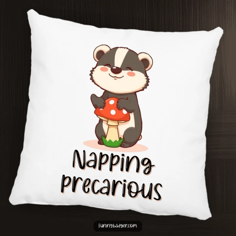 Funny pillow featuring a badger in a silly pose, attempting to balance a mushroom, offering plush comfort and lighthearted humor.