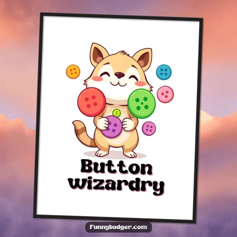 Funny Digital Art Print of a curious animal character juggling brightly colored, oversized buttons, offering instant colorful decor.