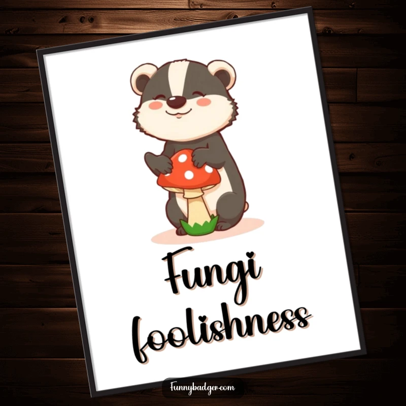 Funny digital art print of a badger in a silly pose, balancing a mushroom, for instant quirky and humorous decor.