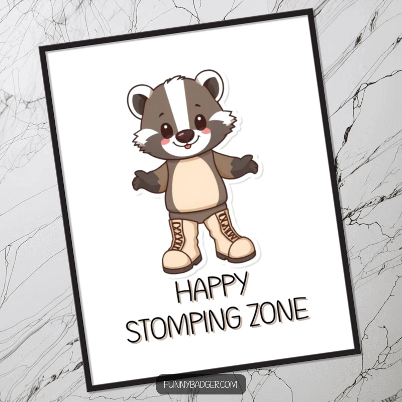 Funny Badger Digital Art Print of a happy badger character stomping in oversized boots, offering instant humorous cheer.